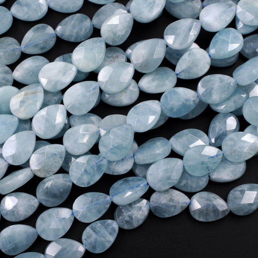 Faceted Natural Blue Aquamarine Teardrop Beads 14mm 16mm 15.5" Strand