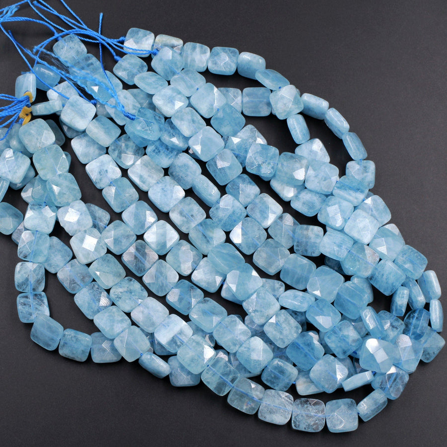 AAA Natural Aquamarine Beads Faceted Cushion 12mm Square Gemstone 15.5" Strand