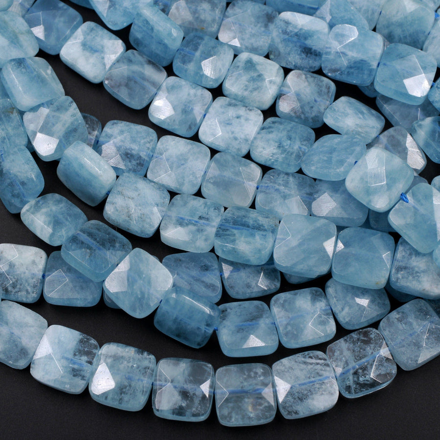 AAA Natural Aquamarine Beads Faceted Cushion 12mm Square Gemstone 15.5" Strand