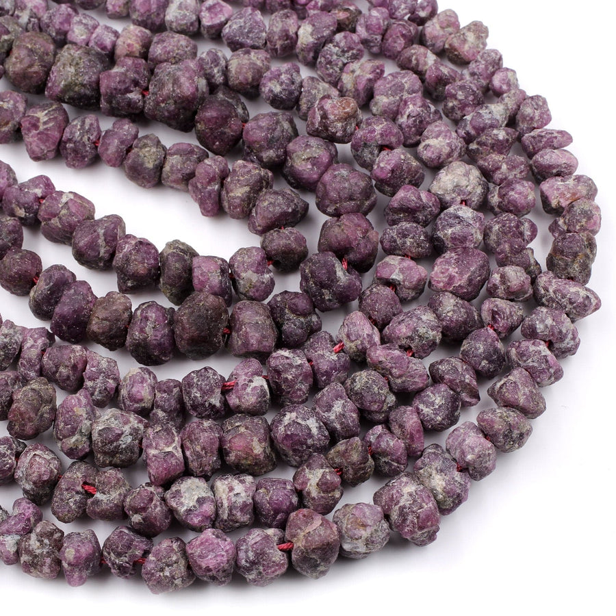 Rough Raw Natural Ruby Beads Freeform Nugget Organic Hand Hammered Genuine Ruby Gemstone  16" Strand