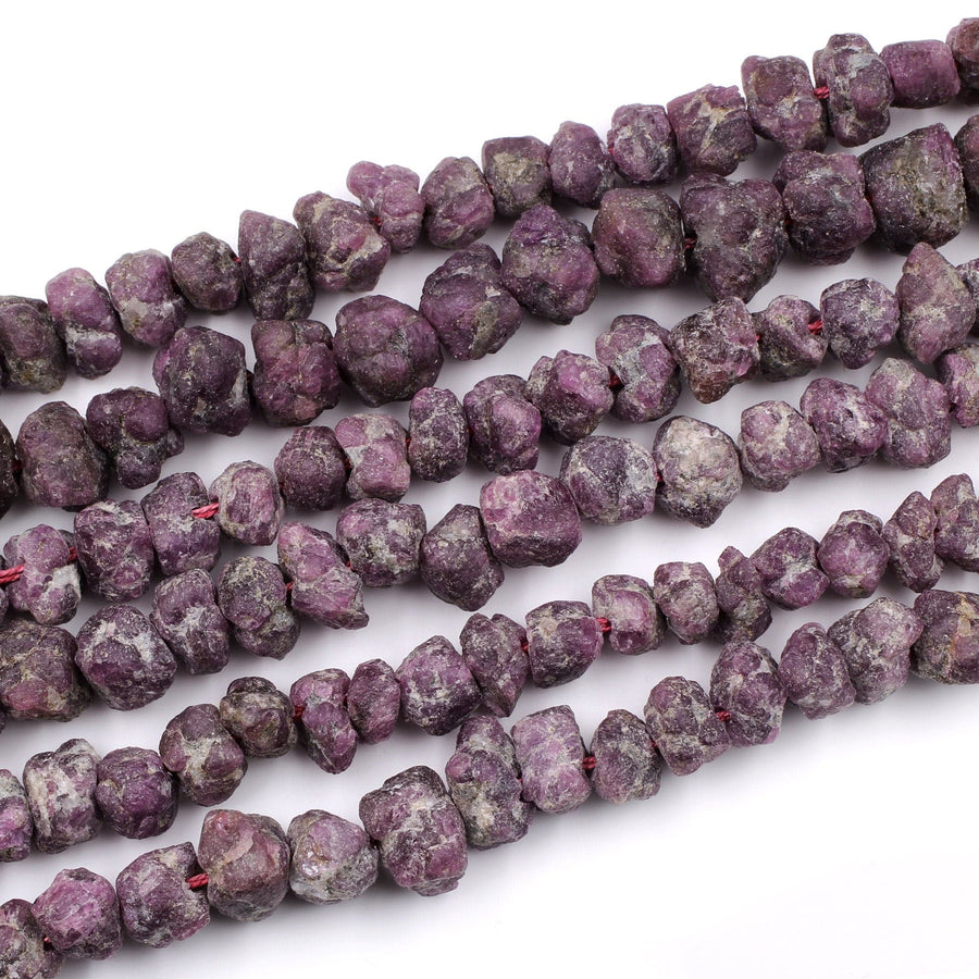 Rough Raw Natural Ruby Beads Freeform Nugget Organic Hand Hammered Genuine Ruby Gemstone  16" Strand