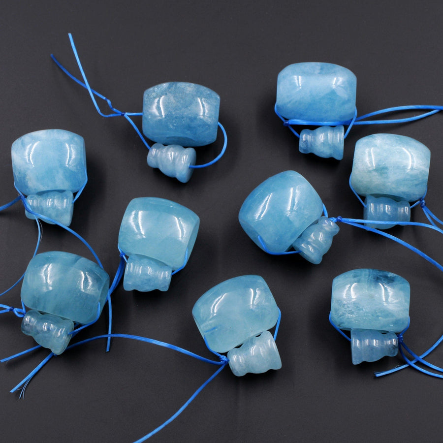 Large Blue Aquamarine Guru Beads 3 Holes T-Beads Set For Mala Making 12mm 14mm 16mm18mm