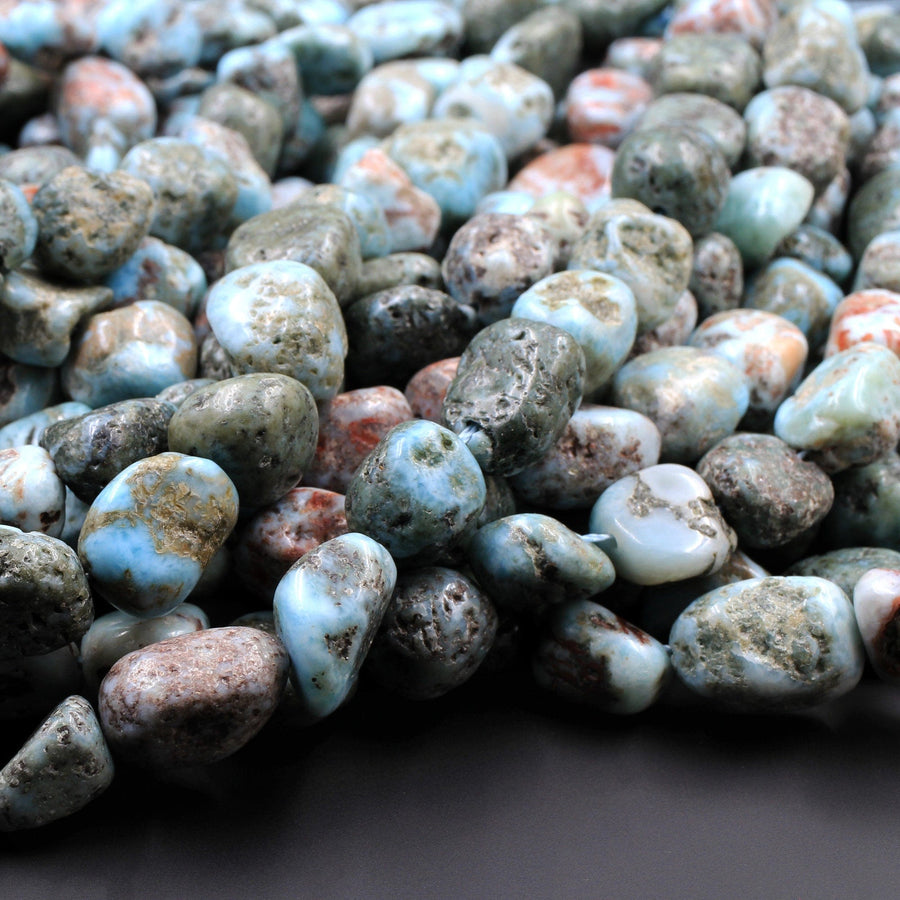 Large 12-13mm Natural Larimar Beads Rounded Pebble Freeform Nuggets Gorgeous Blue Red Matrix Gemstone From Dominican Republic 16" Strand