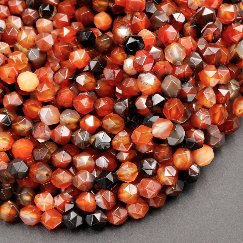 Star Cut Natural Tibetan Agate Beads Faceted 8mm Rounded Nugget Sharp Facets Red Black Agate 15" Strand