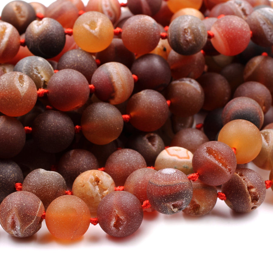 Matte Natural Red Druzy Agate 8mm 10mm 12mm 14mm Round Beads With Sparkling White Quartz Druzy Crystal Cave 16" Strand