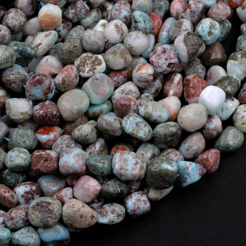 Natural Blue Larimar Beads Rounded Pebble Freeform Nugget Beads Red Iron Matrix Gemstone From Dominican Republic 16" Strand