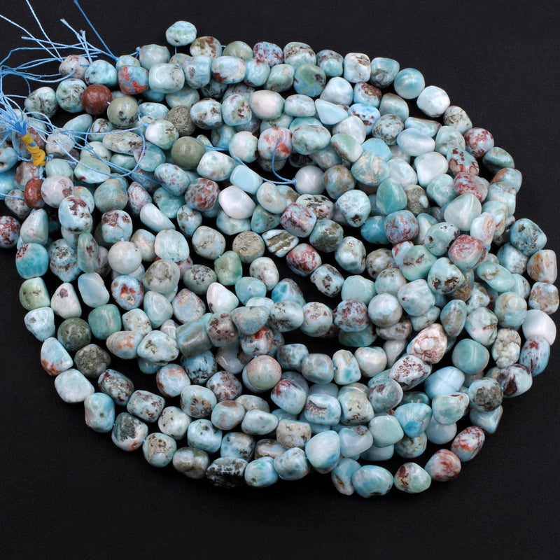 Natural Blue Larimar Beads Rounded Pebble Freeform Nuggets Gorgeous Blue Red Matrix Gemstone From Dominican Republic 16" Strand