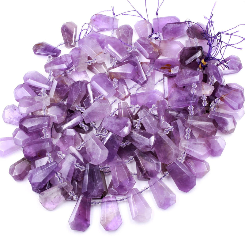 Natural Violet Purple Amethyst Faceted Trapezoid Rectangle Cushion Beads Unique Side Drilled Tapered Teardrop Focal Pendant 16" Strand