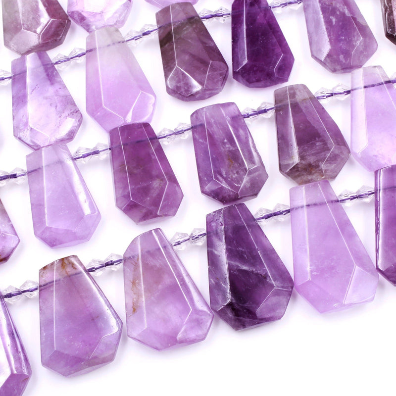 Natural Violet Purple Amethyst Faceted Trapezoid Rectangle Cushion Beads Unique Side Drilled Tapered Teardrop Focal Pendant 16" Strand