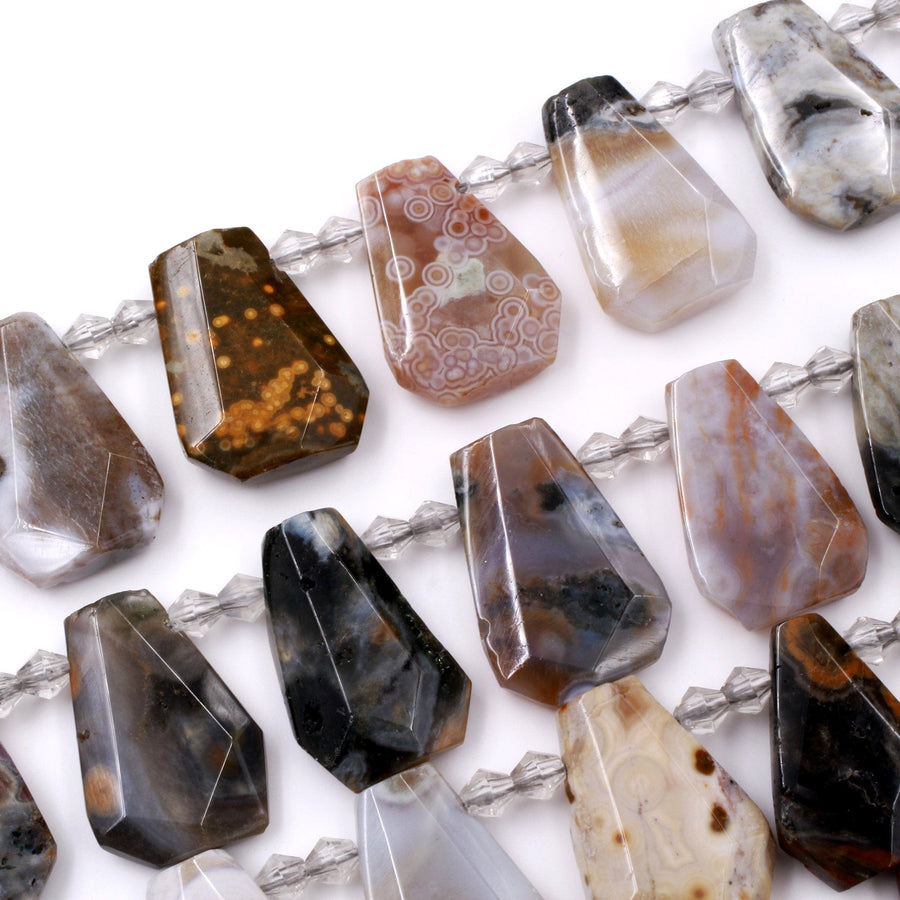 Natural Ocean Jasper Faceted Trapezoid Rectangle Cushion Beads Unique Tapered Teardrop Cut Good for Focal Pendant 16" Strand