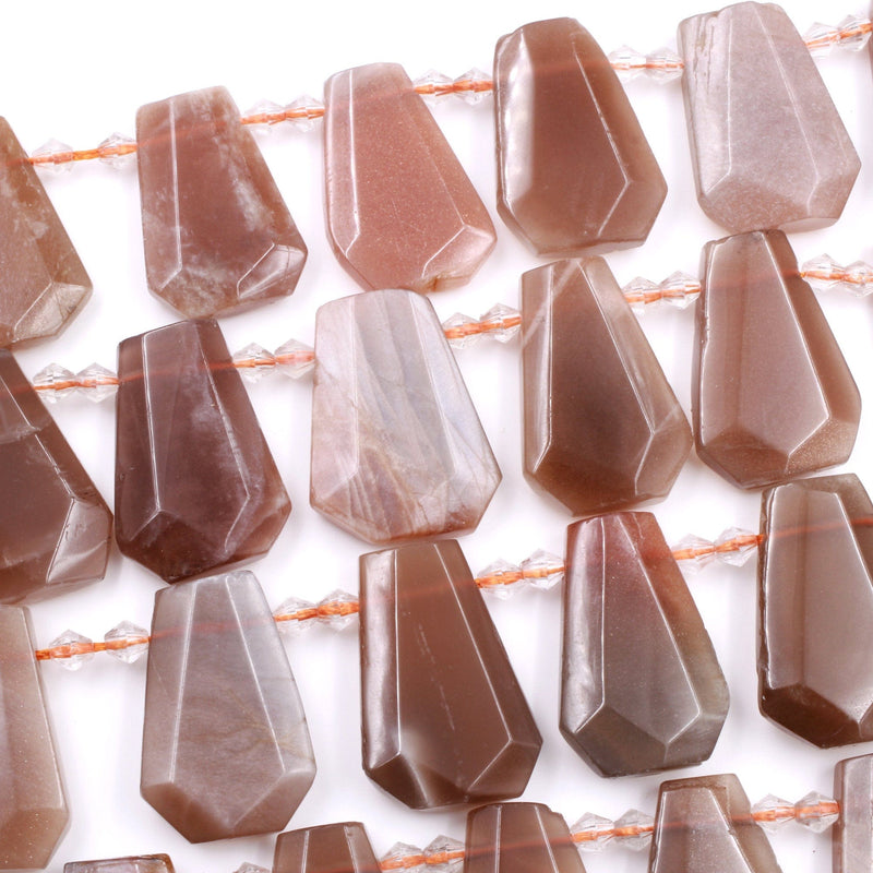 Natural Peach Moonstone Faceted Trapezoid Rectangle Beads Unique Side Drilled Tapered Teardrop Shape Cut Good for Focal Pendant 16" Strand