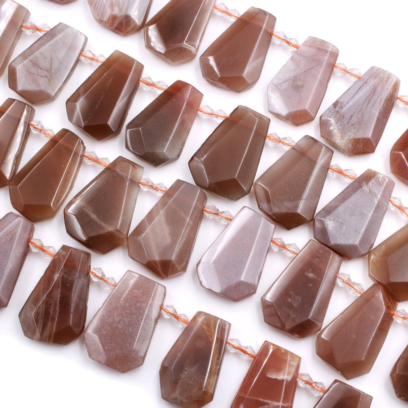 Natural Peach Moonstone Faceted Trapezoid Rectangle Beads Unique Side Drilled Tapered Teardrop Shape Cut Good for Focal Pendant 16" Strand