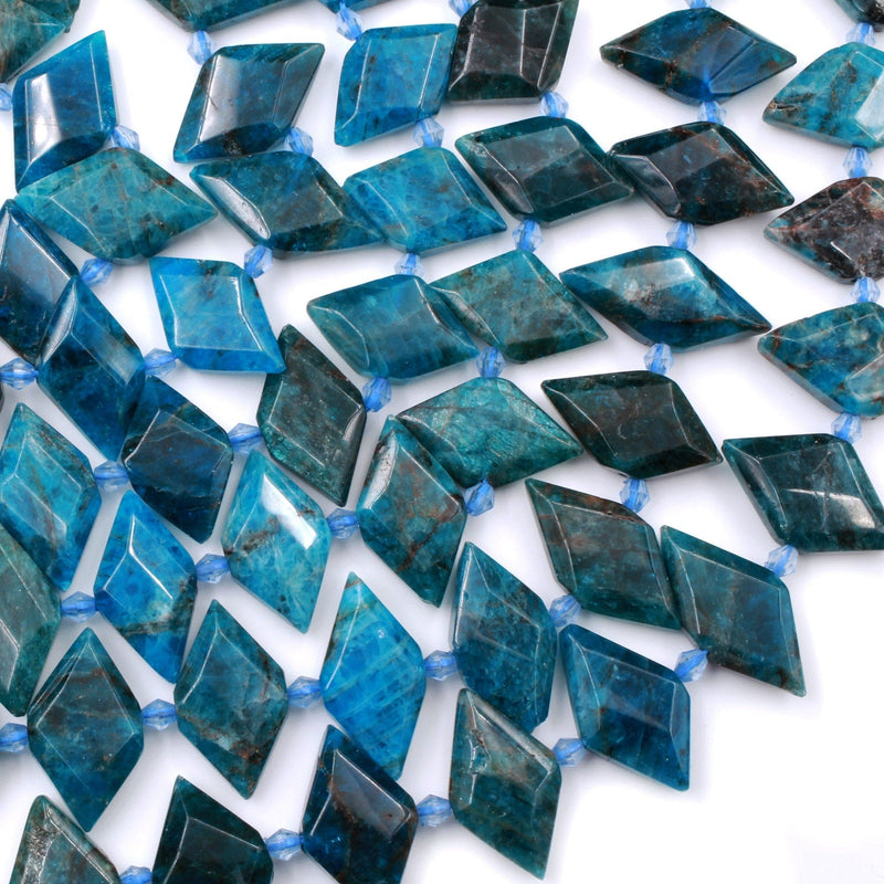 Natural Blue Apatite Beads Faceted Kite Marquise Horse Eye Diamond Shape Center Drilled Flat Gemstone 16" Strand