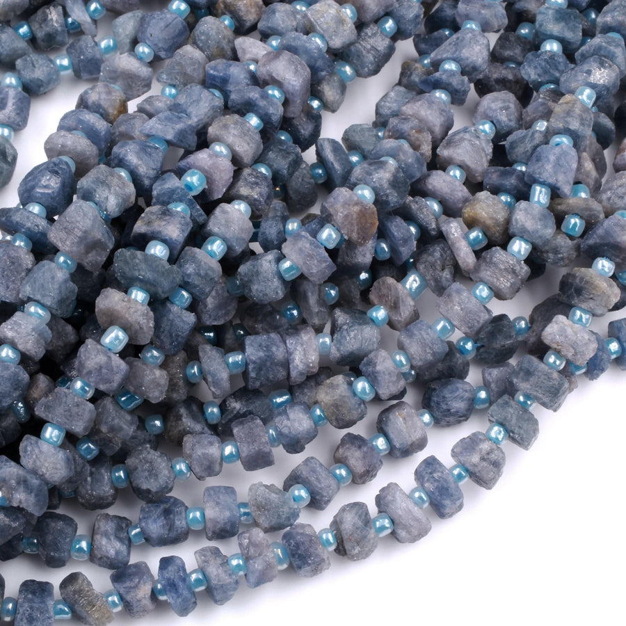 Rough Raw Natural Blue Sapphire Nugget Beads Freeform Hand Hammered Real Genuine Blue Sapphire Gemstone Earthy Organic Cut 16" Strand