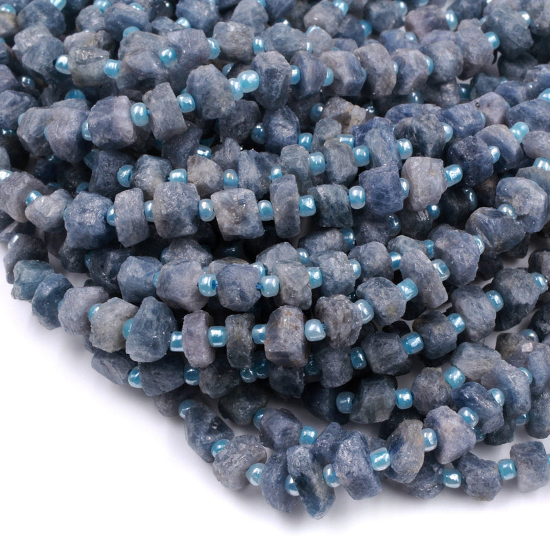 Rough Raw Natural Blue Sapphire Nugget Beads Freeform Hand Hammered Real Genuine Blue Sapphire Gemstone Earthy Organic Cut 16" Strand