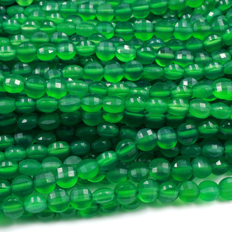 Micro Faceted Emerald Green Agate 6mm Coin Beads Flat Disc Gemstone 16" Strand