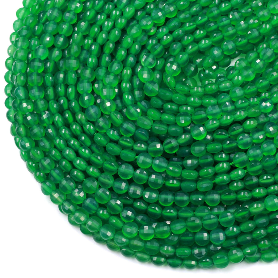 Micro Faceted Emerald Green Agate 6mm Coin Beads Flat Disc Gemstone 16" Strand