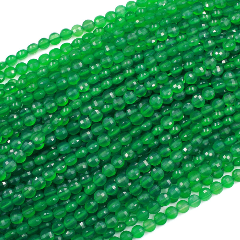 Micro Faceted Emerald Green Agate 6mm Coin Beads Flat Disc Gemstone 16" Strand