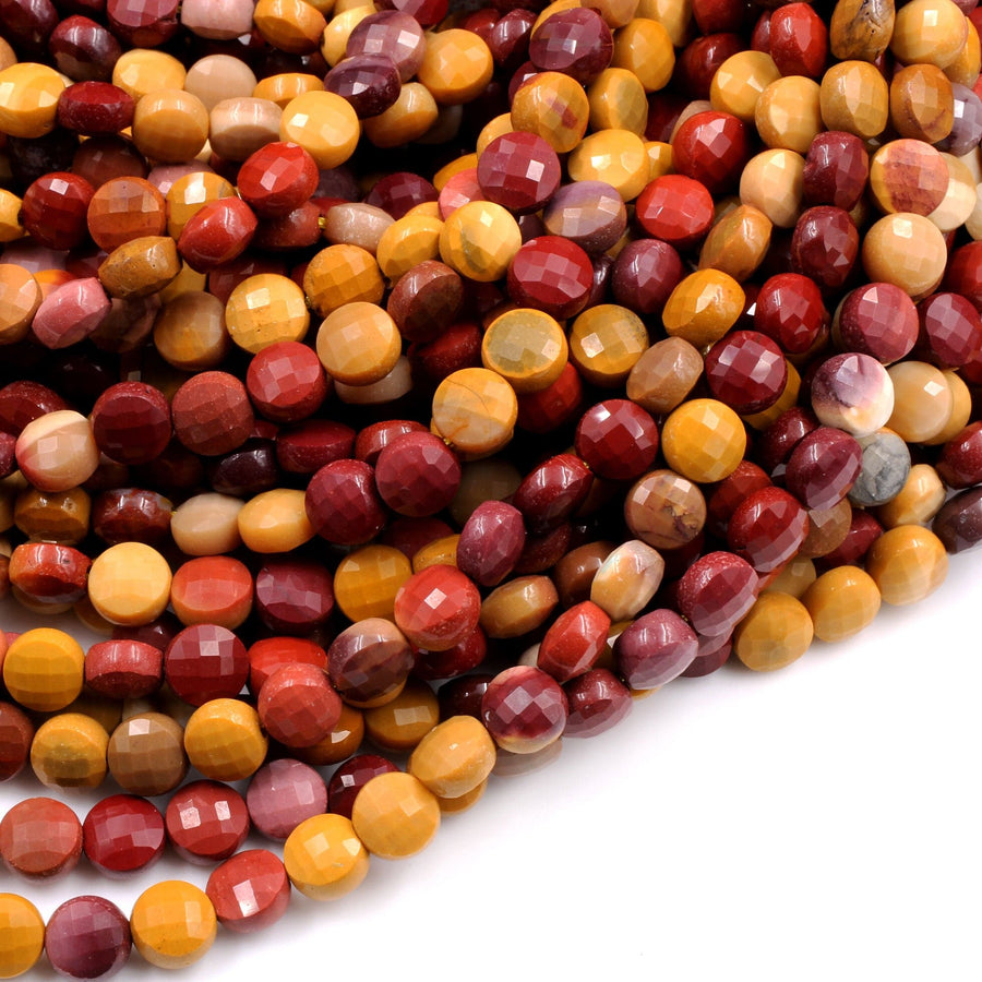 Micro Faceted Natural Australian Mookaite Jasper 6mm Coin Beads Flat Disc Maroon Red Orange Yellow Sunset Colors Gemstone 15.5" Strand