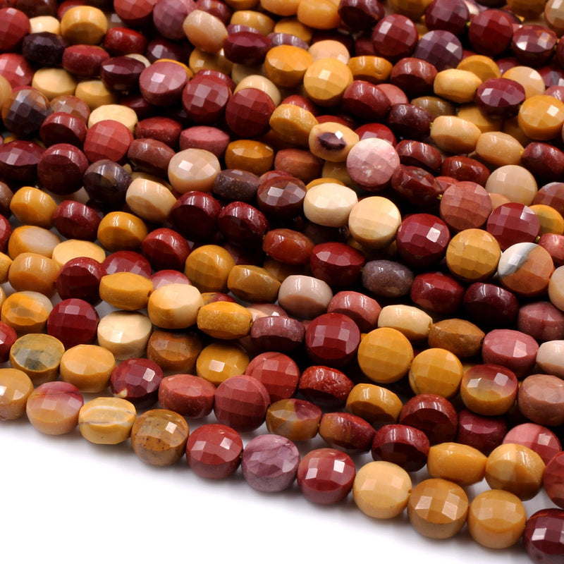 Micro Faceted Natural Australian Mookaite Jasper 6mm Coin Beads Flat Disc Maroon Red Orange Yellow Sunset Colors Gemstone 15.5" Strand