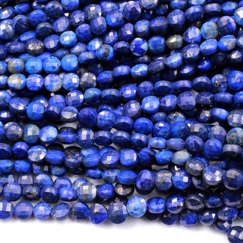 Natural Blue Lapis Faceted 4mm 6mm Coin Beads Flat Disc Gemstone Diamond Cut 16" Strand