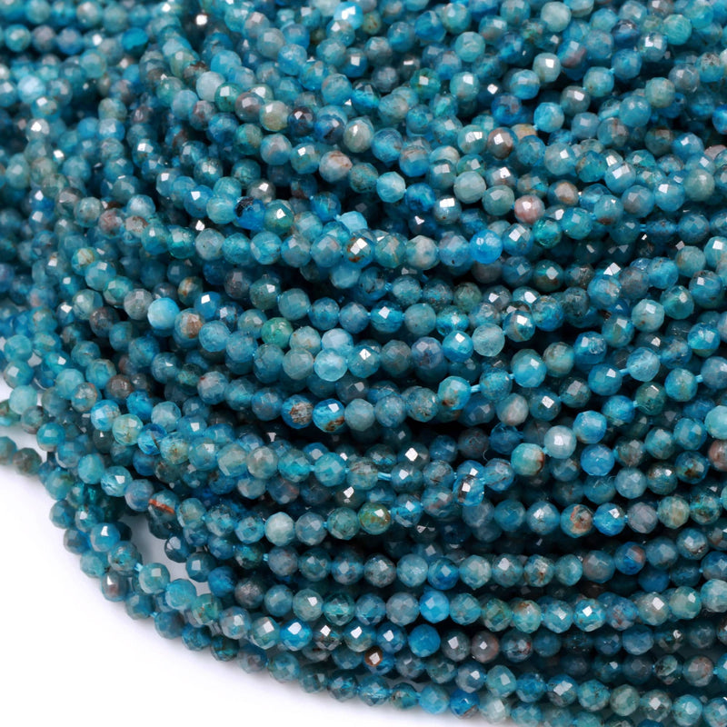 Faceted 2mm Apatite Beads Micro Faceted Natural Aqua Teal Blue Gemstone 16" Strand