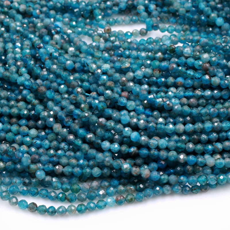 Faceted 2mm Apatite Beads Micro Faceted Natural Aqua Teal Blue Gemstone 16" Strand