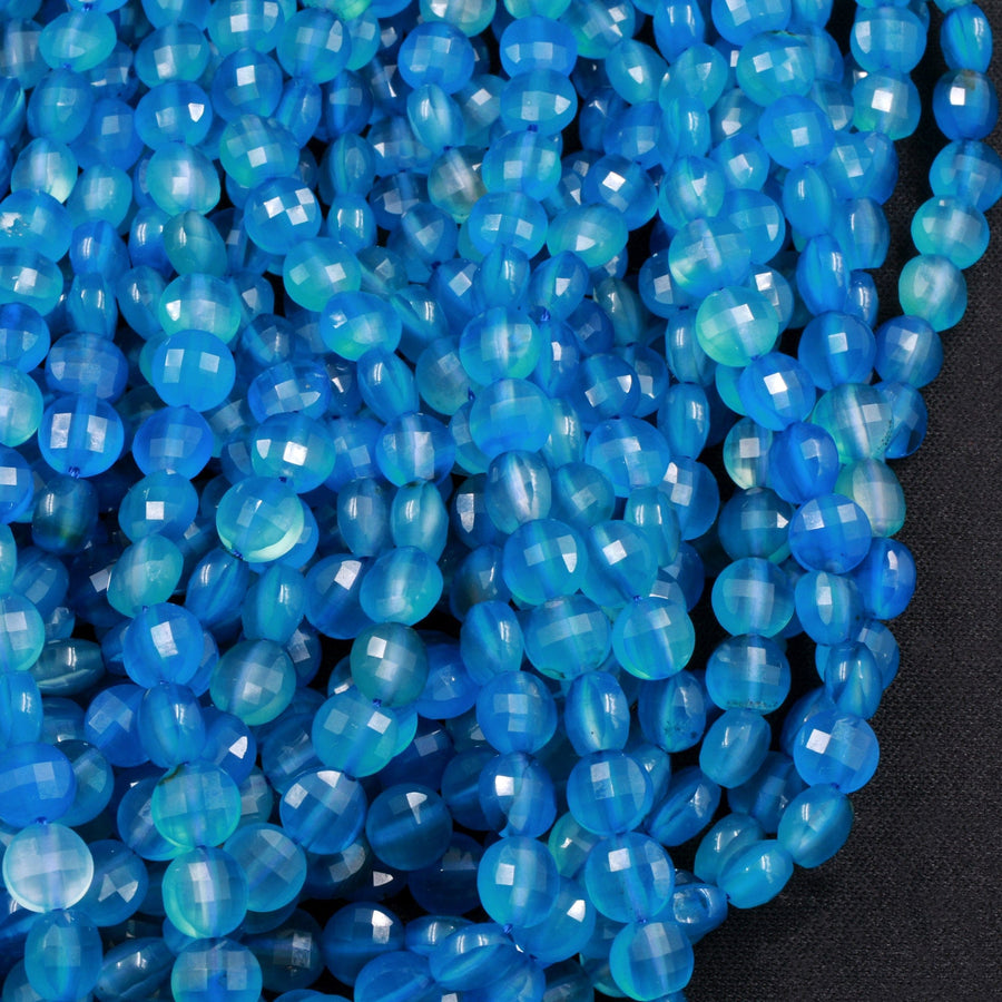 Micro Faceted Blue Agate 6mm Coin Beads Flat Disc Gemstone 16" Strand