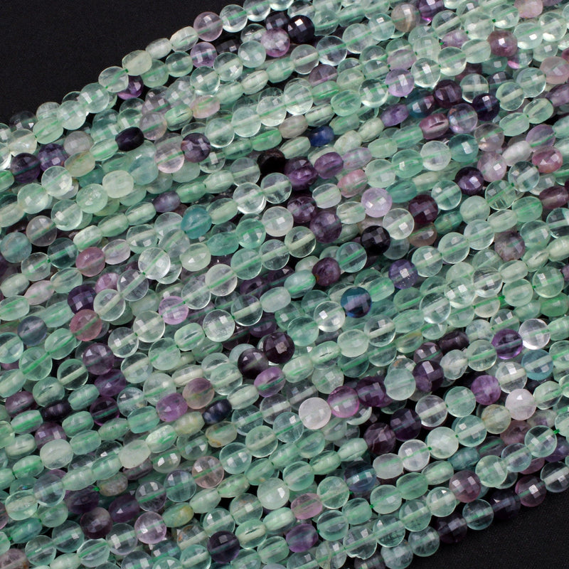 Micro Faceted Natural Fluorite 6mm Coin Beads Flat Disc Purple Green Gemstone 16" Strand