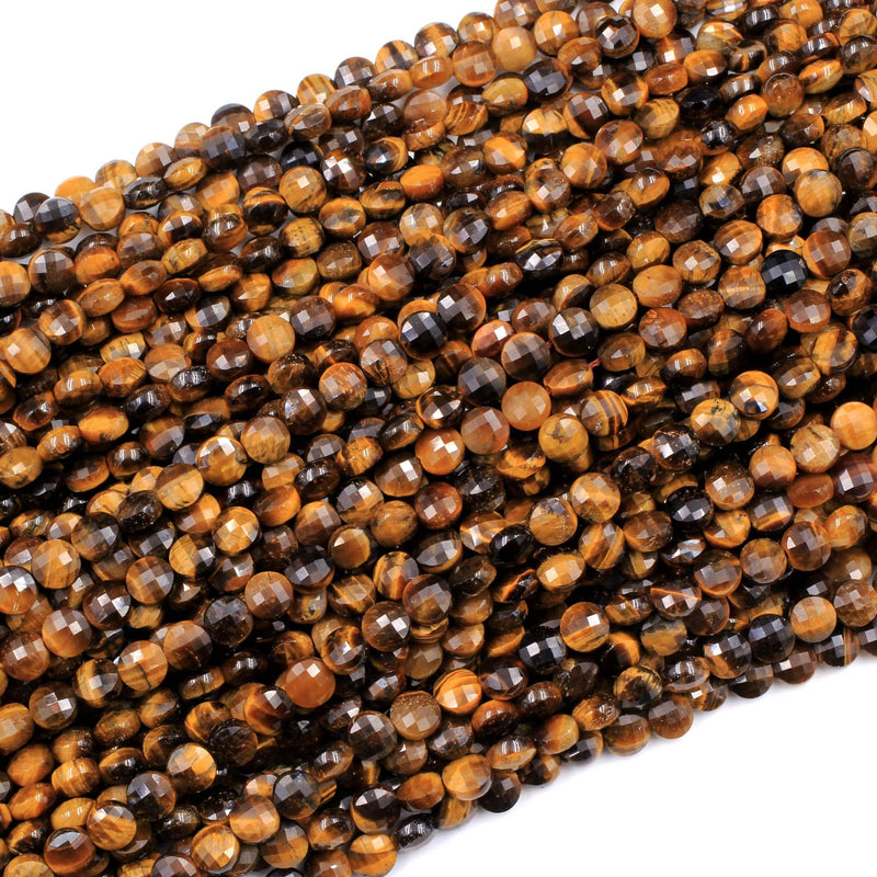 Micro Faceted Natural Golden Brown Tiger Eye 4mm Coin Beads Flat Disc Gemstone 15.5" Strand