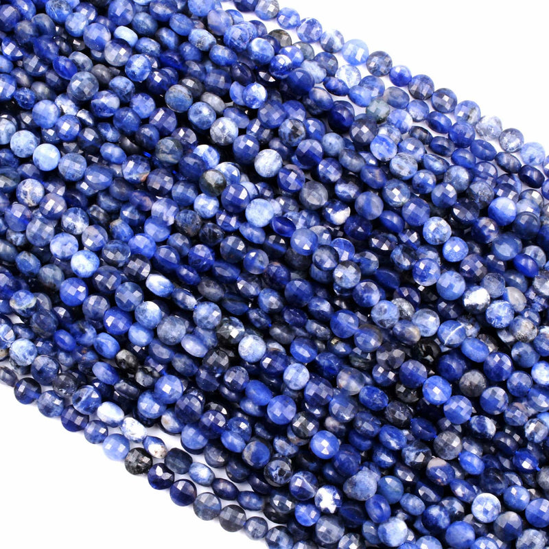 Micro Faceted Natural Blue Sodalite 4mm 6mm Coin Beads Flat Disc Gemstone 15.5" Strand