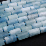 Matte Natural Aquamarine Smooth Cylinder Tube Beads High Quality Blue Aquamarine Gemstone Full 16" Strand