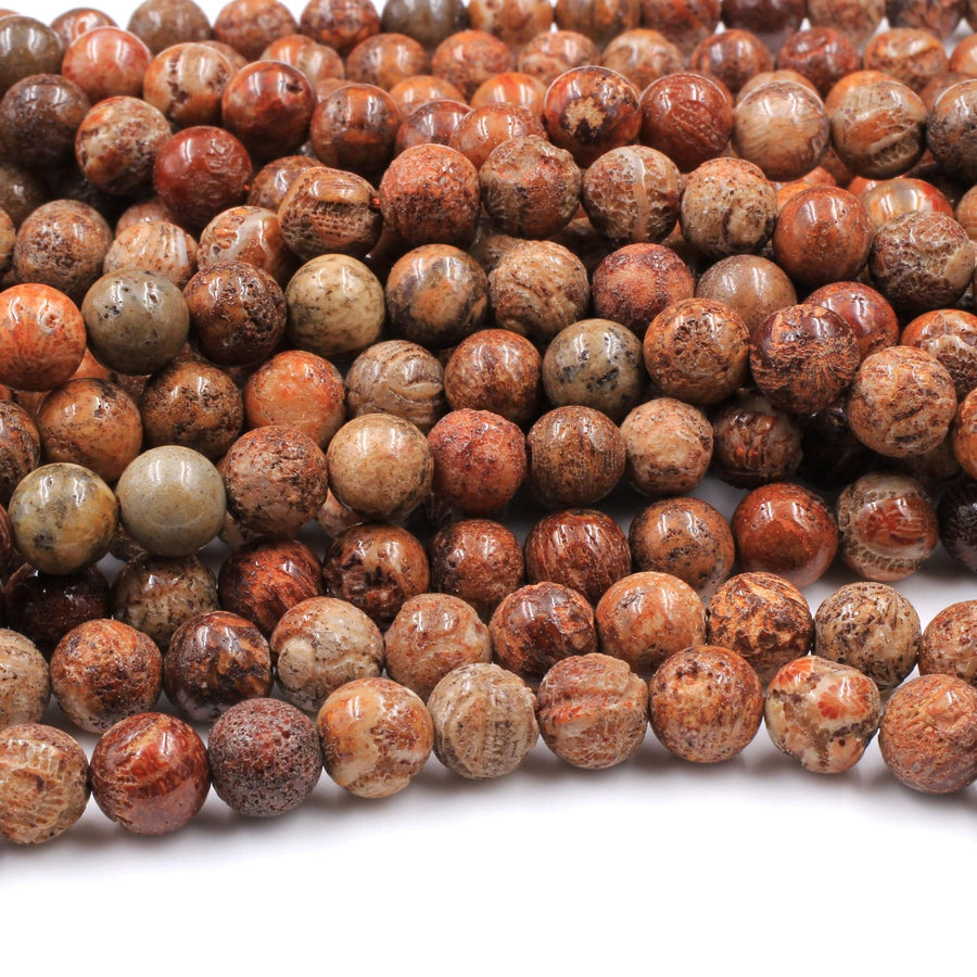 Raw Rusty Orange Red Natural Fossil Coral 6mm 8mm 10mm 15mm 16mm 18mm Round Beads 16" Strand