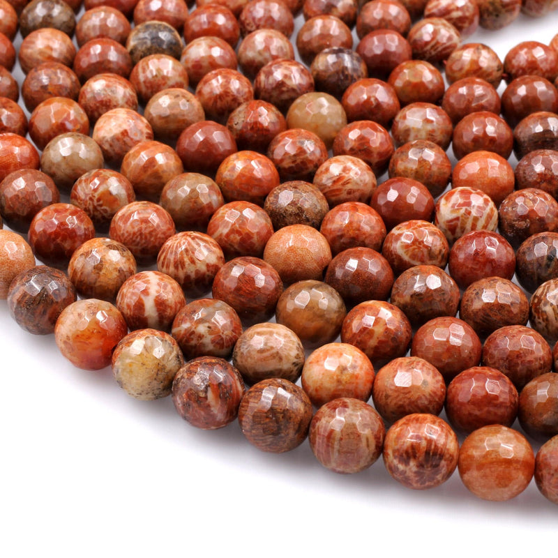 Natural Indonesian Fossil Coral Faceted Round Beads 8mm 10mm 14mm Vibrant Orange Red Coral 15.5" Strand