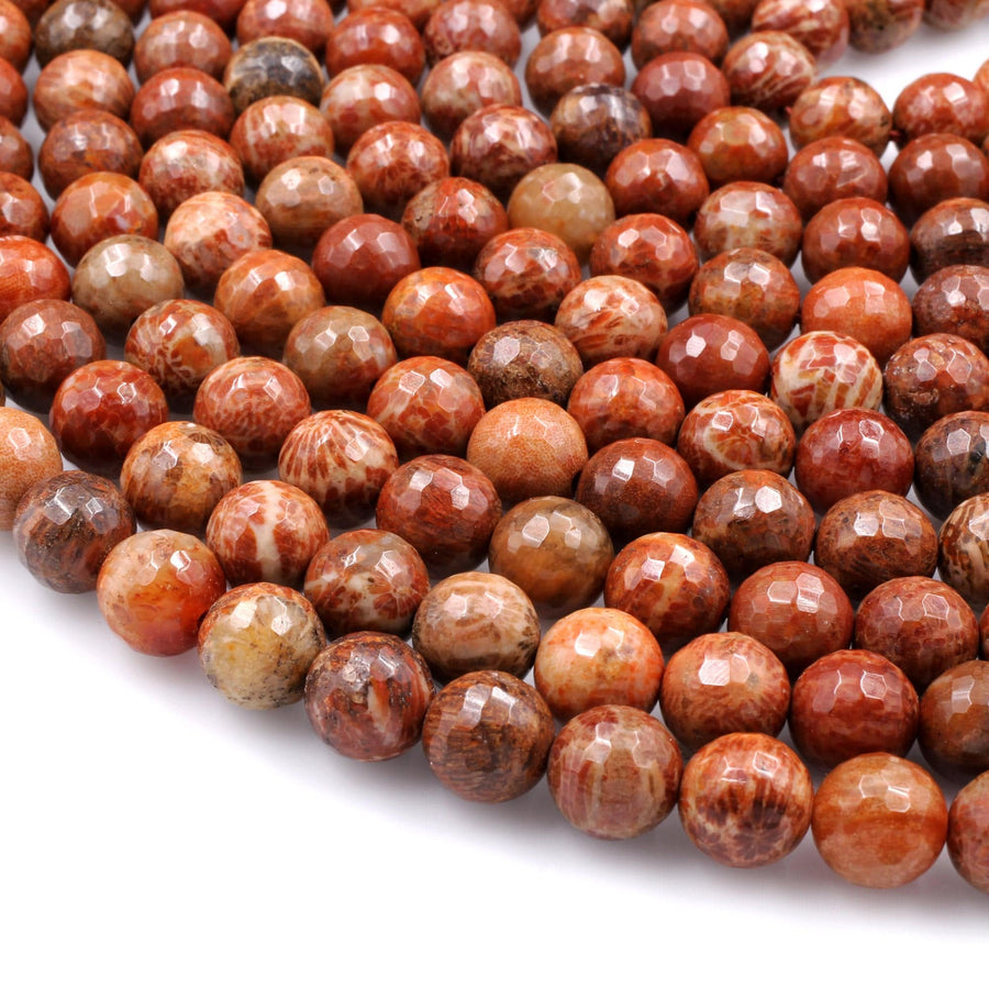 Natural Indonesian Fossil Coral Faceted Round Beads 8mm 10mm 14mm Vibrant Orange Red Coral 15.5" Strand
