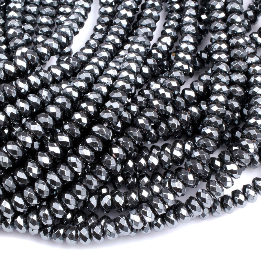 Faceted Hematite Rondelle beads 3mm 4mm 6mm 8mm Diamond Micro Cut Sparkling Natural Black Gemstone 15.5" Strand