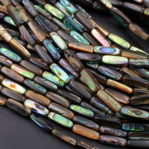 Long Thin Abalone Tube Rectangle Beads Iridescent Rainbow Glow Blue Green Irridescent A Grade Real Genuine Natural Abalone 16" Strand