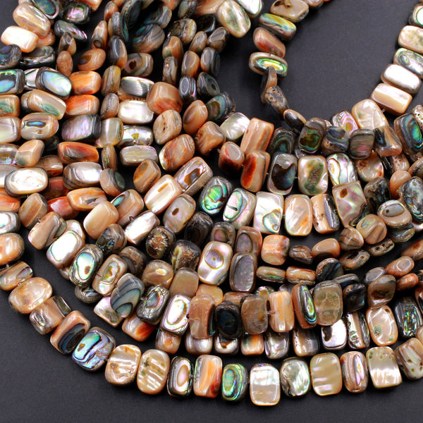 Natural Orange Abalone Rectangle Beads Center Drilled Iridescent Rainbow Glow A Grade Real Genuine Natural Abalone 16" Strand