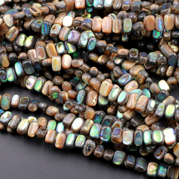 Abalone Rectangle Nugget Beads 8x6mm Iridescent Rainbow Glow Blue Green Iridescent A Grade Real Genuine Natural Abalone 16" Strand