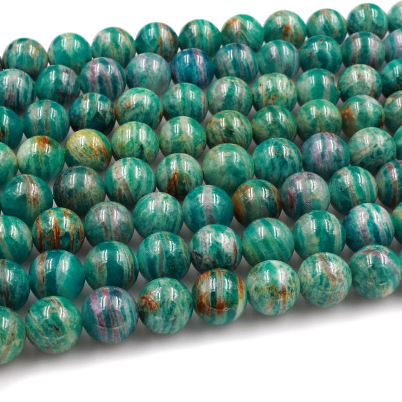 Rare! Banded Russian Amazonite 8mm 10mm Round Beads W Gold Pink Iron Matrix 16" Strand