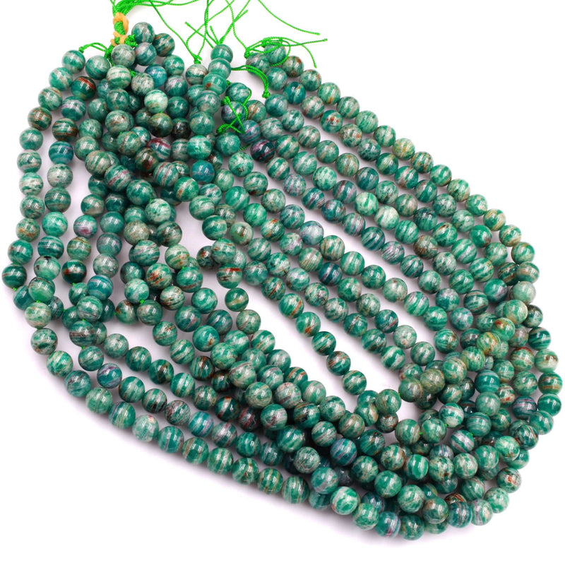 Rare! Banded Russian Amazonite 8mm 10mm Round Beads W Gold Pink Iron Matrix 16" Strand