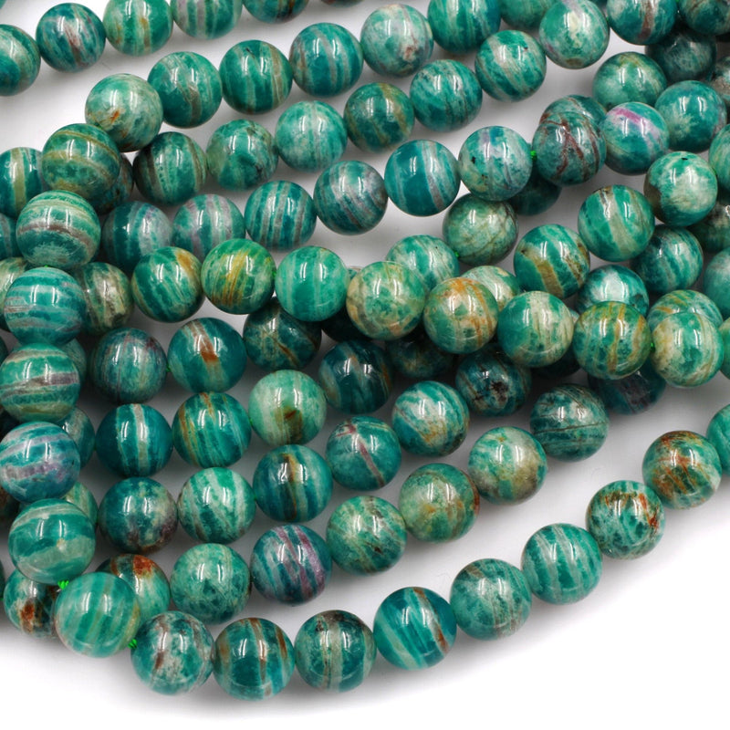 Rare! Banded Russian Amazonite 8mm 10mm Round Beads W Gold Pink Iron Matrix 16" Strand