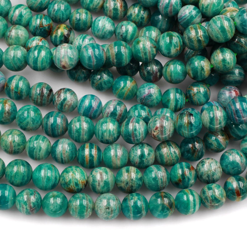 Rare! Banded Russian Amazonite 8mm 10mm Round Beads W Gold Pink Iron Matrix 16" Strand