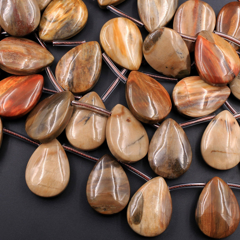 Large Natural Petrified Wood Teardrop Briolette Pendant Beads Top Side Drilled Earthy Brown Tan Gemstone 16" Strand