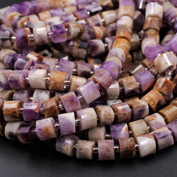 Faceted Natural Chevron Amethyst Tube Beads Short Cylinder Wheel Heishi Rondelle 8x6mm 16" Strand