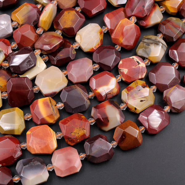 Natural Australian Mookaite Beads Faceted Square 15mm Cushion Octagon Natural Sunset Colors Red Yellow Maroon Beige 16" Strand