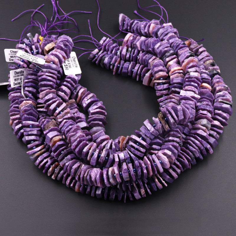 Gorgeous Large Natural Russian Charoite Heishi Wheel Disc Rondelle Bead Center Drillied Slice Raw Rough Hand Chiseled Organic Cut 16" Strand