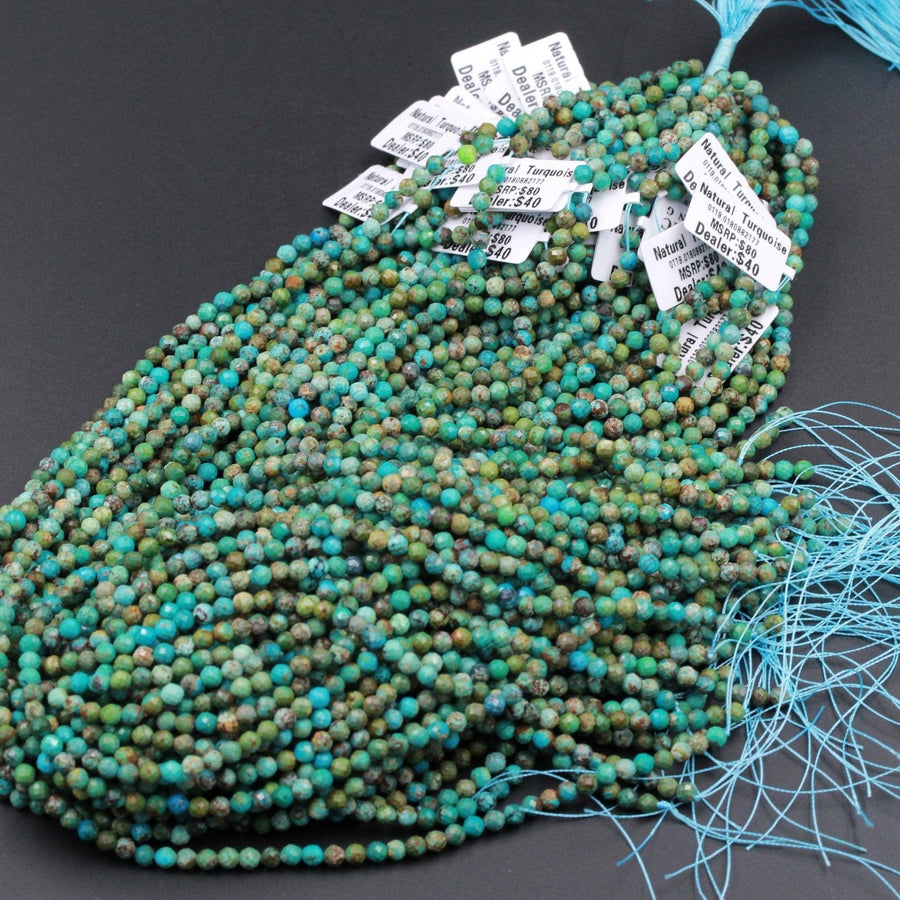 Natural Turquoise 3mm 4mm Faceted Round BeadsReal Genuine Natural Blue Green Turquoise Micro Faceted Cut 16" Strand