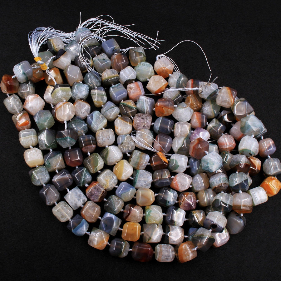 Rare Natural Phantom Agate Beads Chunky Faceted Dice Cube Square Earthy Gray Brown Peach Red Green Blue Crystal Gemstone 16" Strand