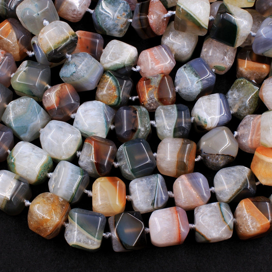 Rare Natural Phantom Agate Beads Chunky Faceted Dice Cube Square Earthy Gray Brown Peach Red Green Blue Crystal Gemstone 16" Strand